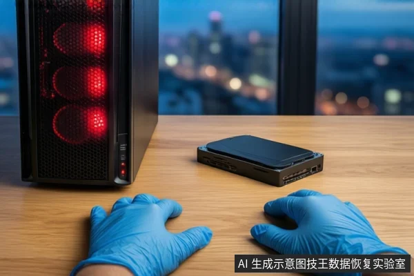 木质桌面上,左侧有一台亮着红色风扇灯的黑色塔式主机,中间平放一块黑色移动硬盘,前景一双戴蓝色手套的手平放在桌面两侧,背景为模糊的城市夜景。