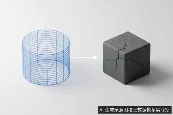 画面左侧为一个蓝色线框圆柱体,通过白色箭头指向右侧一个表面布满裂纹的深灰色立方体块。该图以抽象几何形态展示从逻辑结构向物理破损状态的转变,隐喻存储介质在写入或操作过程中可能遭受的物理损伤与数据风险。