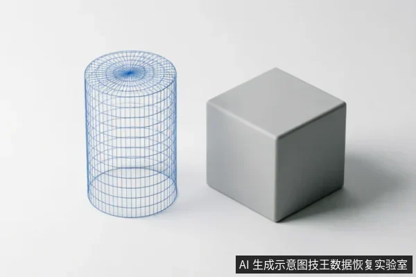 画面展示了一个蓝色线框圆柱体与一个灰色实心立方体并排置于白色背景上。线框结构代表抽象的存储介质或逻辑概念,实心块体代表物理硬件实体,两者通过几何形态对比直观呈现了数据恢复领域中“可见”与“实体”的区别。