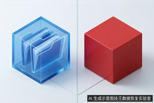 画面左右分屏，左侧为蓝色透明立方体，内部包含三个文件夹图标；右侧为红色实心立方体，背景为白色。