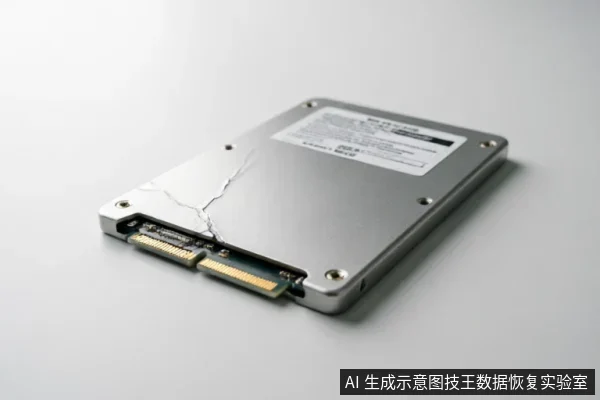 图片展示了一块银色金属外壳的2.5英寸固态硬盘,其表面有一道明显的裂痕从边缘延伸至电路板接口处,直观呈现了硬件遭受物理损伤后的故障状态。