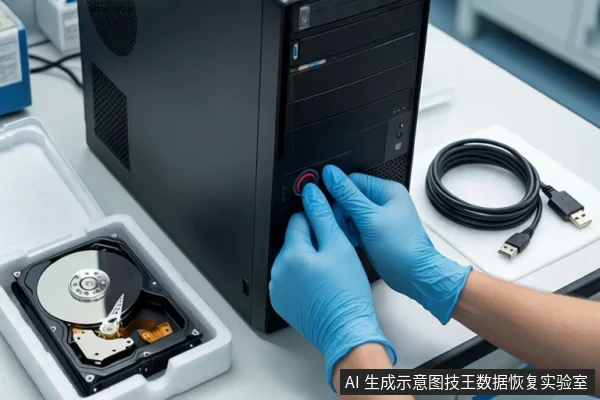 白色桌面上,一双戴蓝色手套的手正按压黑色台式主机前部的红色电源按钮。主机左侧防震箱内固定一块打开外壳的机械硬盘,右侧盘绕一根黑色SATA数据线。