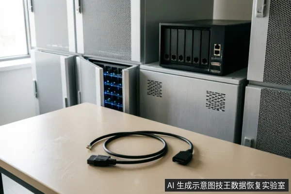 一张米色桌面上盘绕着一根黑色数据线，背景为带有蓝色指示灯的服务器机柜及一台多槽位存储设备。画面展示了数据恢复或硬件排查环境中的连接线缆与存储硬件，符合文中关于外部连接链排查及物理连接检查的描述。