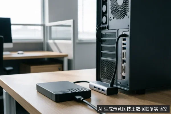 木质桌面上放置着一个黑色外置移动硬盘，通过数据线连接至银色USB扩展坞，扩展坞再插入台式机主机背面的USB接口。背景为模糊的办公环境，清晰展示了外设与主机的物理连接状态。