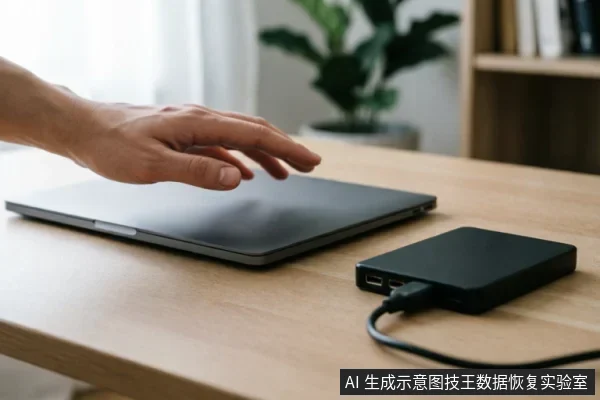 一只悬停在闭合笔记本电脑上方的手,旁边桌面上放置着一个通过USB线连接的黑色移动硬盘盒。背景为模糊的室内环境,包含绿植和书架,展示了笔记本与外部存储设备的连接状态。