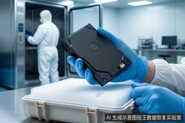 洁净室环境中,一双戴蓝色手套的手正握持一块黑色机械硬盘,悬停在一个打开的白色防震箱上方。背景中有一名身穿白色无尘服的技术人员正在操作设备。