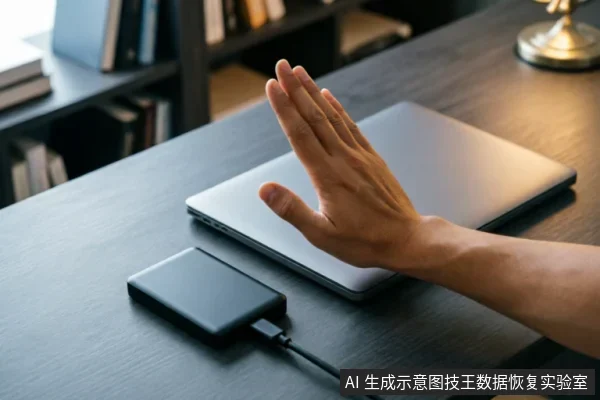 深色办公桌上,一台银色笔记本电脑旁连接着一个黑色移动硬盘,一只手悬停在设备上方做出停止或拒绝的手势,示意立即停止操作。