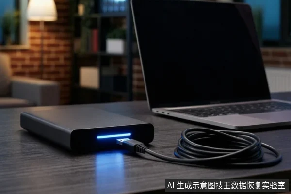 深色木桌上,左侧是一个黑色外接硬盘,正面有蓝色指示灯,通过黑色USB线缆连接至右侧一台屏幕关闭的银色笔记本电脑,线缆盘绕在桌面上。背景为模糊的室内环境,可见台灯和书架。