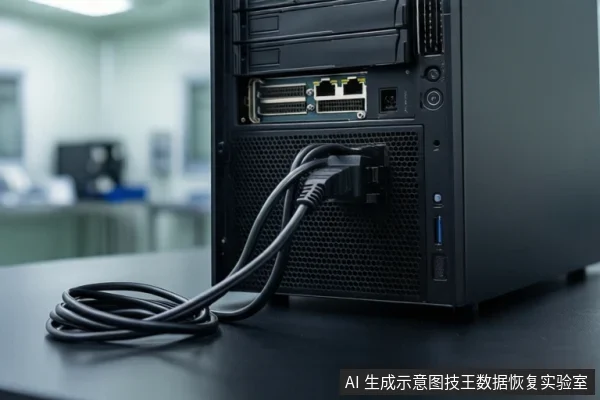 深色桌面上立放一台黑色台式机箱,后部接口处插着黑色线缆,线缆在桌面盘绕。背景为模糊的室内环境。
