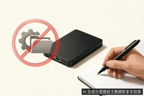 画面展示了一个黑色移动硬盘,左侧叠加了带有红色禁止符号的齿轮与文件夹图标,象征禁止使用软件扫描或修复。右下角一只手正握笔在笔记本上记录信息,直观表达了“停止软件操作、手动记录故障状态”的核心建议。