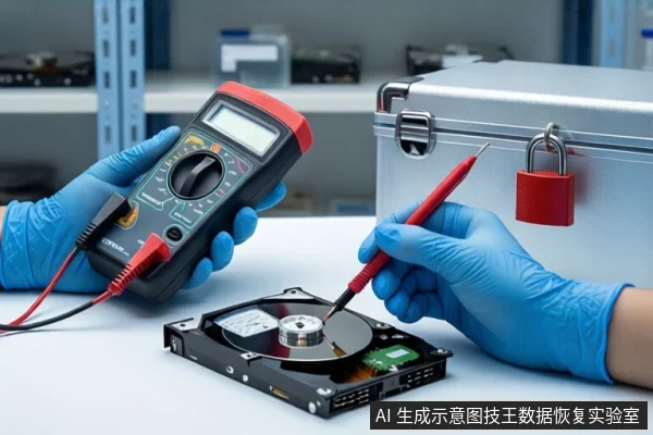 白色桌面上,一双戴蓝色手套的手分别持万用表和红色探针,正对一块打开外壳的机械硬盘进行检测,右侧放置挂有红色挂锁的银色金属防震箱,背景为模糊的实验室货架。