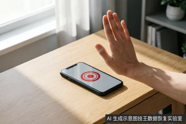 一只手掌在木质桌面上方做出停止或拒绝的手势，掌心面向一部平放的智能手机。手机屏幕亮起，显示红色的同心圆警示图标，象征系统发出的严重警告或故障提示。