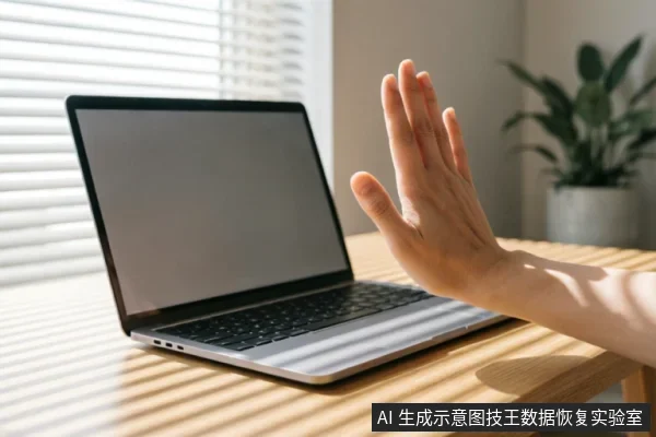 阳光透过百叶窗照射在木质桌面的笔记本电脑上,一只手从右侧伸出并掌心向内做出明确的停止手势,示意暂停操作。