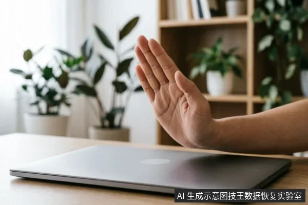 画面展示了一只手在闭合的笔记本电脑前做出明显的“停止”手势，掌心向外。背景为带有绿植和书架的居家办公环境。该图像直观地传达了“立即停止操作”、“禁止写入”或“保持现状”的含义，与段落中强调的紧急止损、避免数据覆盖的核心建议高度契合。