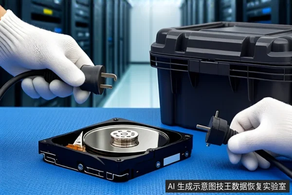 蓝色防静电垫上平放一块打开外壳的机械硬盘，可见盘片与主轴电机。左右两侧各有一只戴白色手套的手，分别握持一个黑色电源插头，悬停在硬盘上方。背景为模糊的服务器机柜。