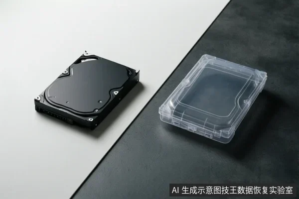 画面左侧白色台面上放置一块黑色机械硬盘,右侧深色台面上放置一个透明塑料硬盘保护盒,两者并排静置,无连接线缆或操作动作。