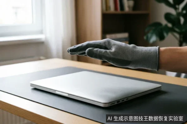 一只戴着灰色防静电手套的手悬停在闭合的银色笔记本电脑上方,电脑放置在深色桌垫上,背景为模糊的书房环境。