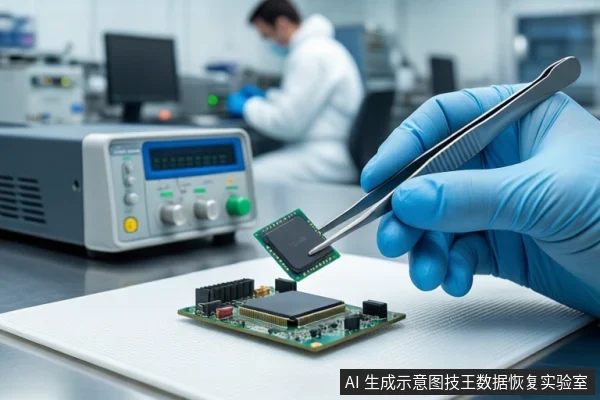 实验室环境中,一只戴蓝色手套的手使用镊子夹取一枚芯片,下方白色防静电垫上平放一块电路板。背景中有一名身穿白色无尘服的技术人员正在操作设备。