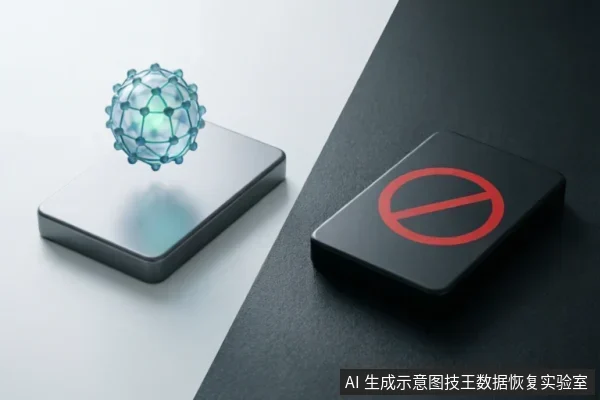 画面分为左右两部分,左侧白色背景上放置一硬盘,上方悬浮发光的分子球体结构象征逻辑数据;右侧黑色背景上的硬盘印有红色禁止符号,象征硬件故障或物理损坏。