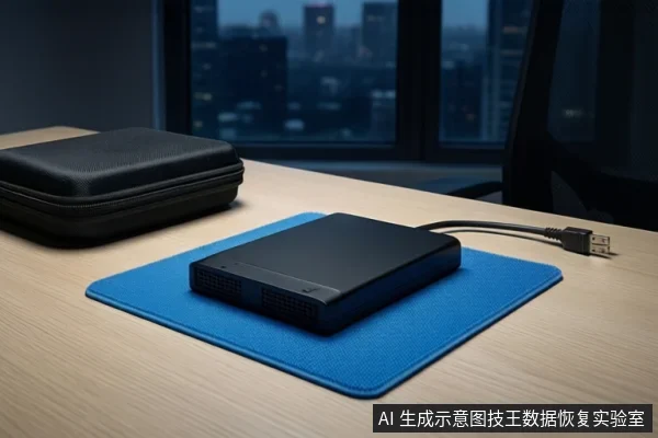 木质桌面上铺着蓝色防静电垫，垫子上平放一个闭合的黑色移动硬盘，右侧连接着一根黑色USB线缆。左后方放置一个闭合的黑色防震箱，背景为模糊的窗户和城市夜景。