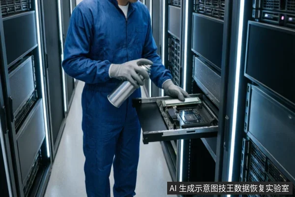 A technician in a blue cleanroom suit and gloves uses compressed air to clean a server component inside an open rack drawer.