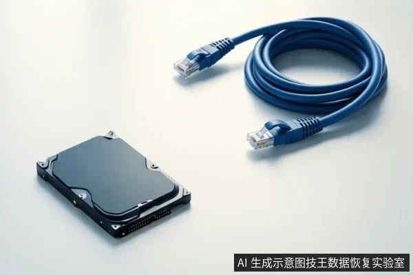 白色台面上放置一块裸露的机械硬盘,旁边有一根盘绕的蓝色以太网线,两端为RJ45接头。