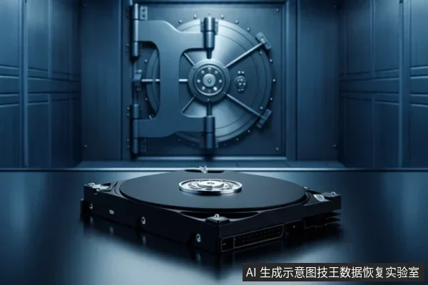 画面前景放置一块打开上盖的机械硬盘,可见盘片与中心主轴;背景为关闭的银行保险库大门,整体呈冷蓝色调。