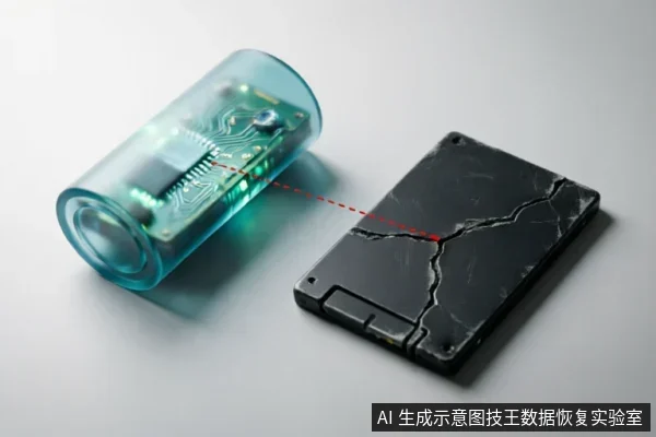 图中展示了一个透明圆柱形设备通过红色虚线连接至一块表面有裂纹的黑色固态硬盘,示意对故障硬盘进行只读检测或数据提取的过程。