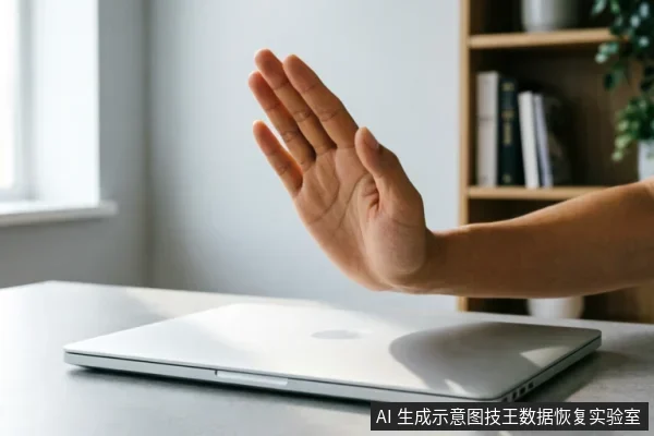 一只手掌在闭合的银色笔记本电脑前做出明显的“停止”手势，示意暂停操作。背景为模糊的书架与窗户，光线明亮。画面直观传达了在设备故障时切勿盲目干预、应立即止损并等待专业评估的核心原则。