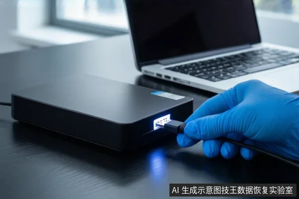 深色桌面上平放一个黑色外接硬盘盒,正面亮着蓝色指示灯。右侧有一台银色笔记本电脑,屏幕关闭。一只戴蓝色手套的手正将USB线缆插头插入硬盘盒正面接口。