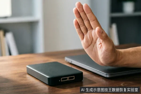 一只手掌在木质桌面上做出明确的停止手势,掌心向外。前景放置着一个黑色的外接移动硬盘,后方是一台闭合的笔记本电脑。画面通过肢体语言直观传达出在硬件故障时立即断电、禁止继续操作或尝试修复的含义。