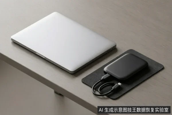 一张闭合的银色笔记本电脑放置在浅色木纹桌面上,旁边是一个连接着USB数据线的黑色外接移动硬盘。硬盘放置在一块深灰色的防滑垫上,线缆自然盘绕,展示了标准的外部存储设备连接状态。