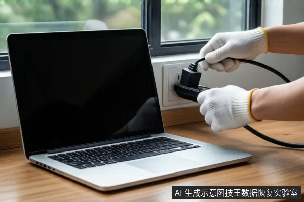 木质桌面上放置一台黑屏的银色笔记本电脑。右侧一双戴白色手套的手正握持黑色电源插头，将其插入墙壁插座。背景为模糊的窗户。