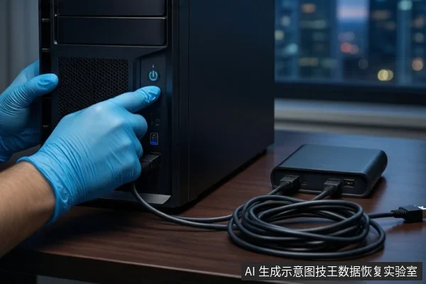 木质桌面上,戴蓝色手套的双手正按压黑色塔式主机正面的电源按钮,右侧平放一个黑色移动硬盘盒,前景盘绕一根黑色USB线,背景为模糊的城市夜景。