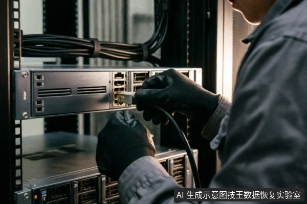 一名戴黑色手套的技术人员正在服务器机柜前,将一根网线插入机架式网络设备的接口中。背景可见整齐捆绑的黑色线缆和其他硬件设备,展示了检查外部连接链的操作场景。