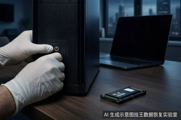 木质桌面上,左侧竖立一台黑色塔式主机,前景一双戴白手套的手正在按压主机正面的电源按钮。右侧平放一块M.2固态硬盘。背景为模糊的窗户和城市夜景。