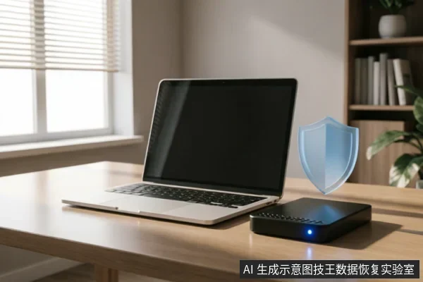 木质办公桌上放置着一台银色笔记本电脑和一个带有蓝色指示灯的黑色外接存储设备,右侧悬浮着一个半透明的蓝色盾牌图标,象征数据安全防护。