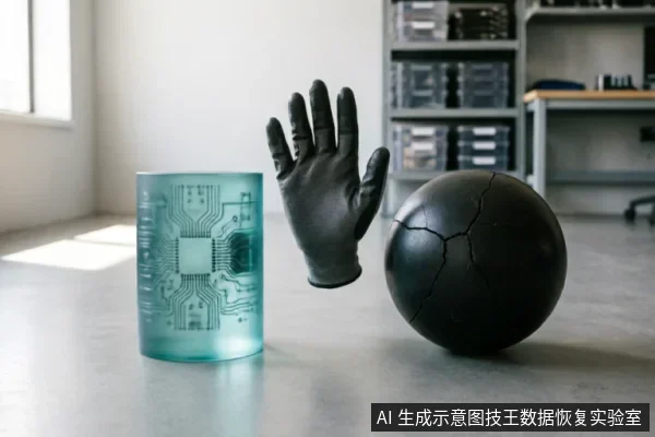 画面中悬浮着一只黑色手套,左侧是一个印有电路板纹理的半透明青色圆柱体,右侧是一个表面布满裂纹的黑色球体。背景为模糊的实验室环境,包含置物架和桌面,整体呈现出一种抽象的科技与物理警示感。