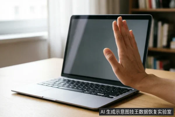 一只手掌伸向放置在木桌上的笔记本电脑屏幕,做出明显的停止或拒绝手势。背景为模糊的窗户和书架,画面传达出立即停止操作、暂停扫描或避免进一步干预的警示含义。