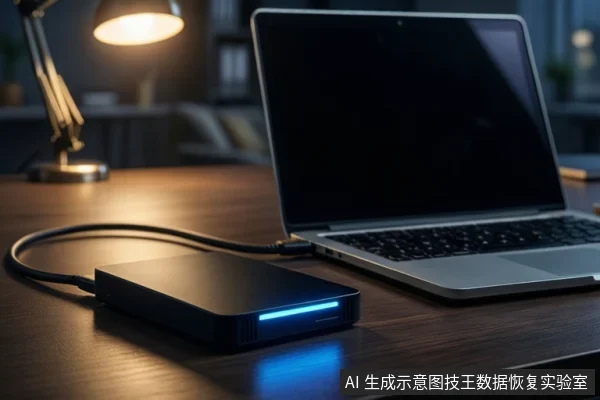 深色木桌上,一个黑色外接硬盘盒通过USB线缆连接至右侧银色笔记本电脑,硬盘盒正面亮着蓝色指示灯。背景可见台灯和书架。