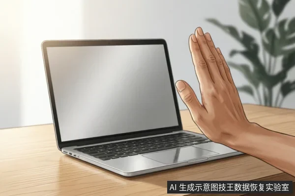 一只手掌在打开的笔记本电脑屏幕前做出停止手势,示意暂停操作。电脑放置在木质桌面上,背景有模糊绿植,画面传达出紧急止损、避免进一步操作的警示含义。
