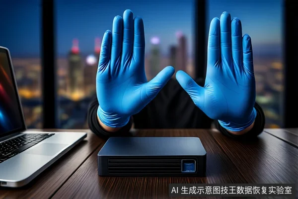 深色木桌上左侧有一台银色笔记本电脑,中间平放一个黑色外接硬盘盒。前景一双戴蓝色手套的手掌相对,做出停止手势。背景是模糊的城市夜景窗户。