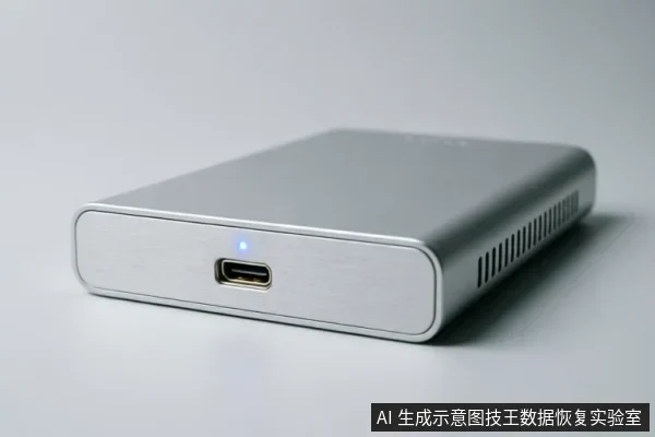 一个银色金属外壳的便携式移动硬盘，侧面带有USB-C接口，接口旁亮着蓝色指示灯，设备侧边有散热格栅，背景为纯净的浅灰色。