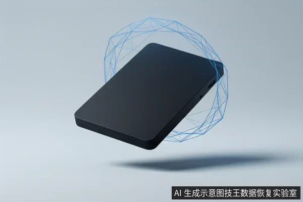 画面中央悬浮一块黑色矩形固态硬盘,周围环绕蓝色线框球体,背景为浅灰色,无文字。