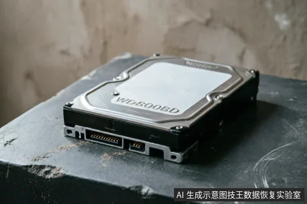 一块型号标识为WD800BD的机械硬盘静置于深色粗糙台面上，侧面SATA数据与电源接口清晰可见，无连接线缆，背景为模糊的灰褐色墙面。