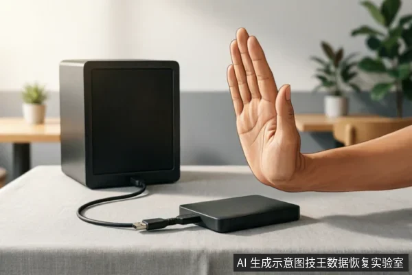 画面展示了一个连接着数据线的黑色移动硬盘放置在桌面上,一只手掌在前方做出明显的“停止”手势。该场景直观地表达了在硬盘出现异常时,应立即停止通电、操作或进一步尝试,以防止数据二次损坏的警示含义。