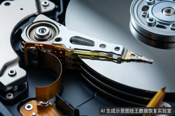 机械硬盘内部特写,可见金属致动臂、磁头组件、柔性排线及旋转盘片,无人员操作。