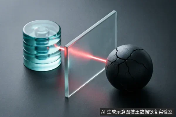 图片展示了一个发光的青色圆柱体（象征存储设备）发出一束红色激光，穿透一块透明玻璃板，击中右侧一个表面布满裂纹的黑色球体。画面通过物理意象隐喻数据恢复过程中对故障硬件的探测与风险。