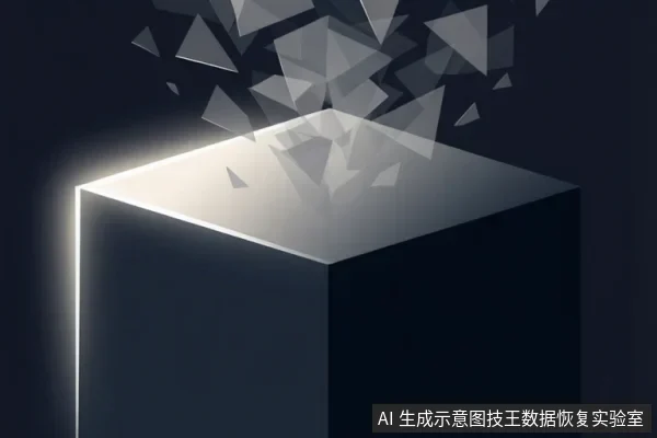深色背景中一个立方体顶部碎裂，碎片向上飞散，边缘有发光效果。