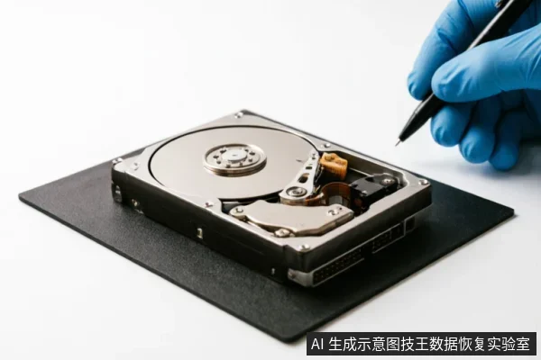 一只戴着蓝色防静电手套的手持黑色笔,正在检查一块已打开外壳的机械硬盘。硬盘放置在黑色防静电垫上,内部磁盘与磁头臂结构清晰可见,展示了专业数据恢复环境下的硬件检测场景。